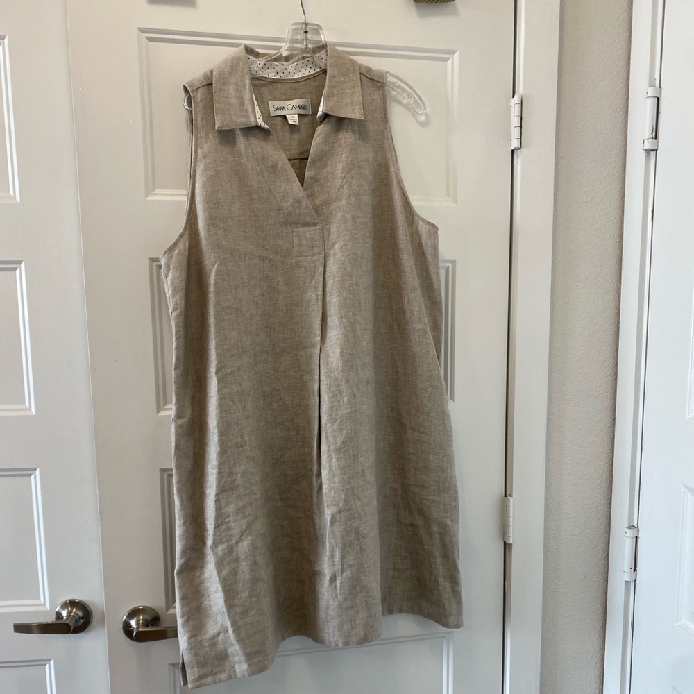 Sarah Campbell "S" Vivian Linen Sleeveless Knee-Length Dress Beige/Natural  XL